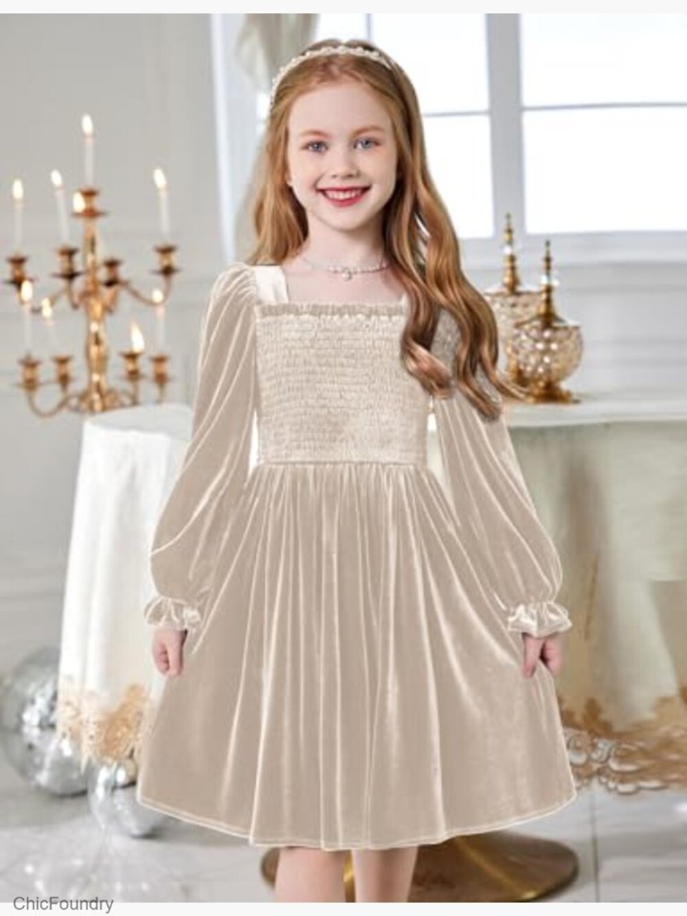Toddler Velvet Dress Smocked Square Neck Puff Long Sleeve Party Dresses with - Picture 2 of 7